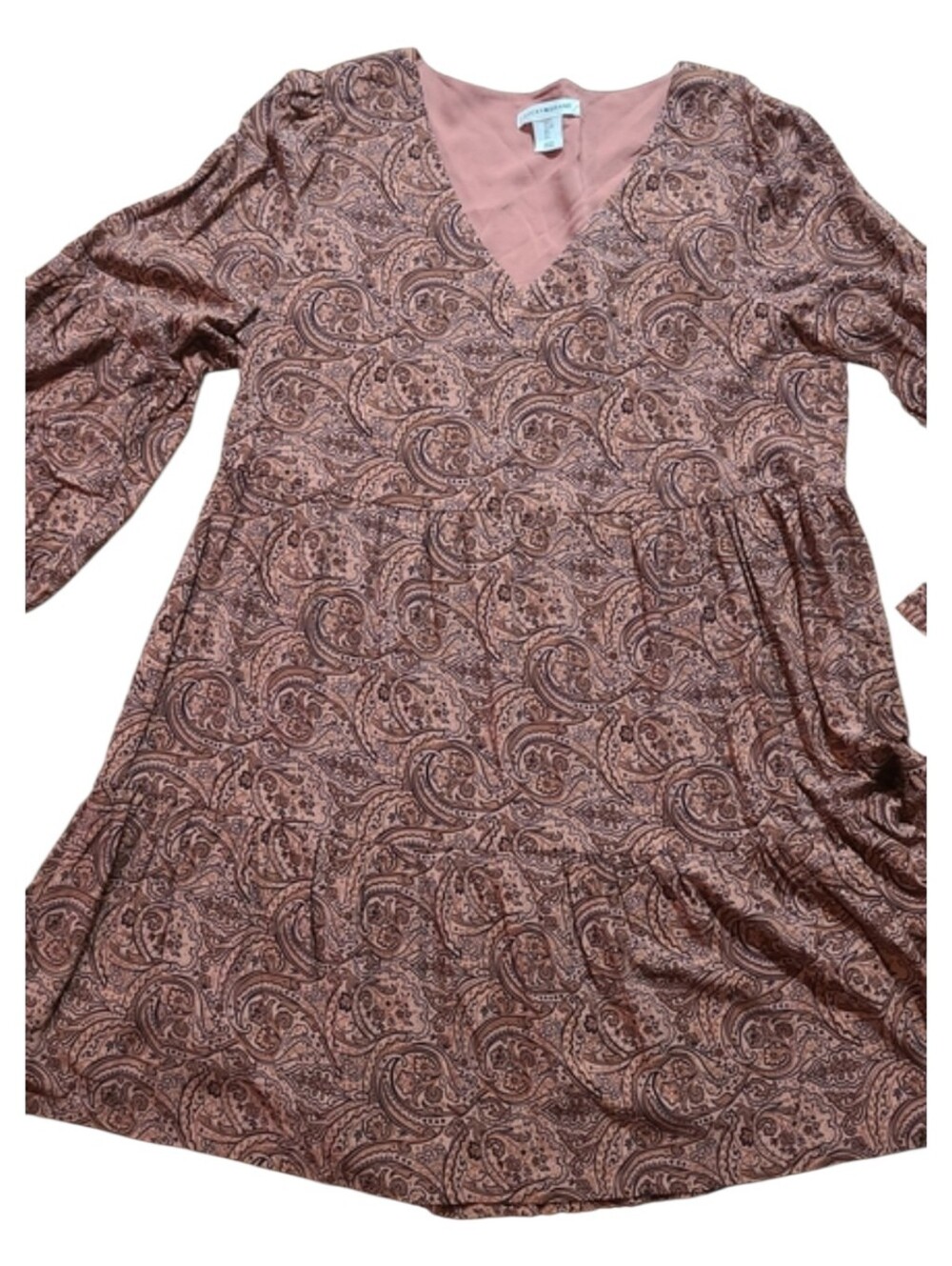 Lucky Brand Terracotta Paisley Baby Doll Boho V-Neck Long Sleeve Dress Size L.